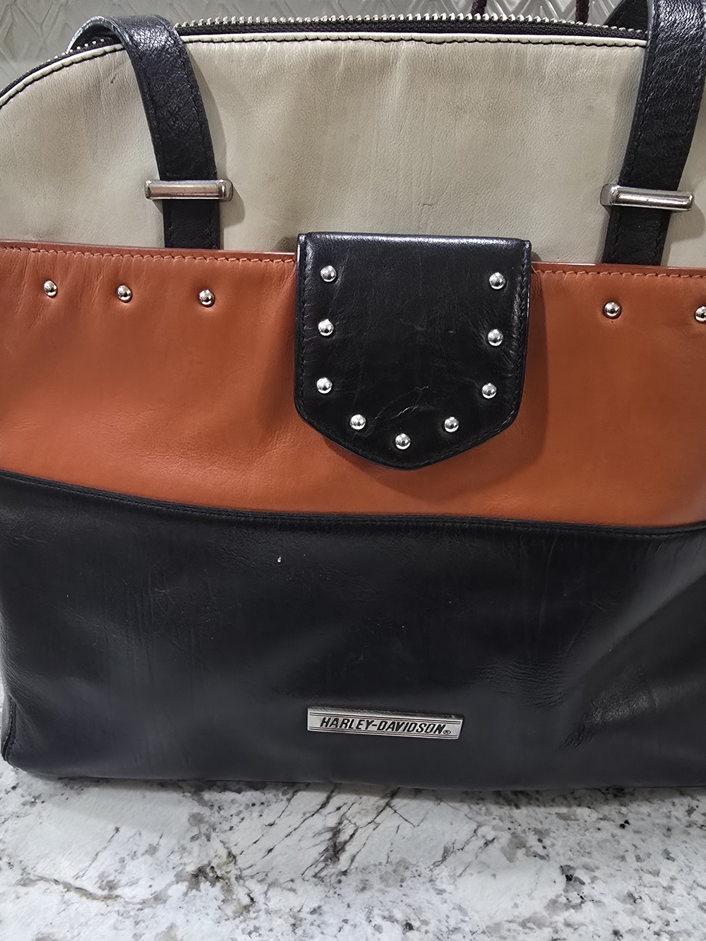 Harley-Davidson Tricolor Studded Leather Tote - Black, Orange, Cream